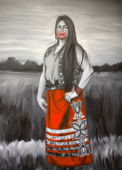 One of the paintings from Nayana's MMIWG Portraits In Red series